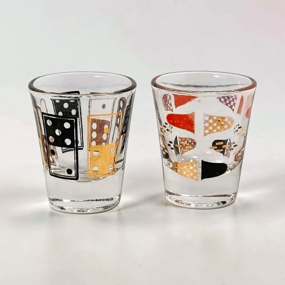 Vintage 2 Anchor Hocking Shot Glasses Mid Century Barware Mismatched Dice MCM